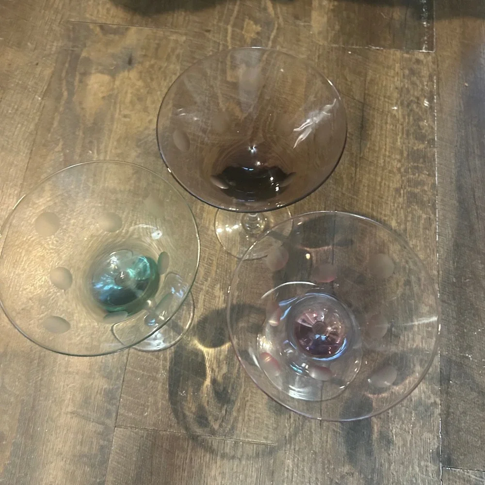 Marquis By Waterford Polka Dot Martini Glass Set of 3 Pink Purple Teal Etched